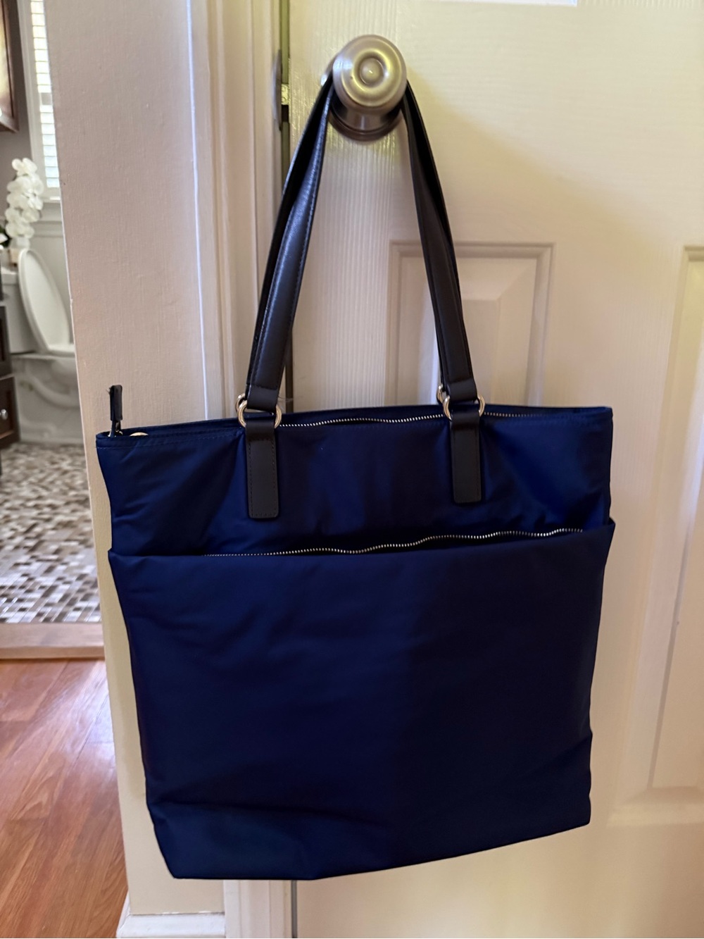 Lo & Sons T.T. Navy/Silver/Lavender Tote Bag with Black Handles